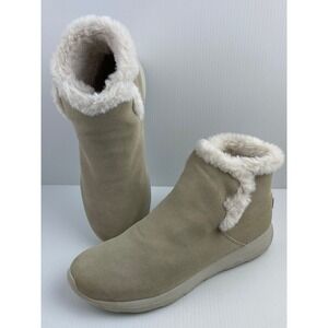 Skechers On-the-Go Joy Bundle Ankle Boots Womens 9.5 Taupe Suede Faux Fur